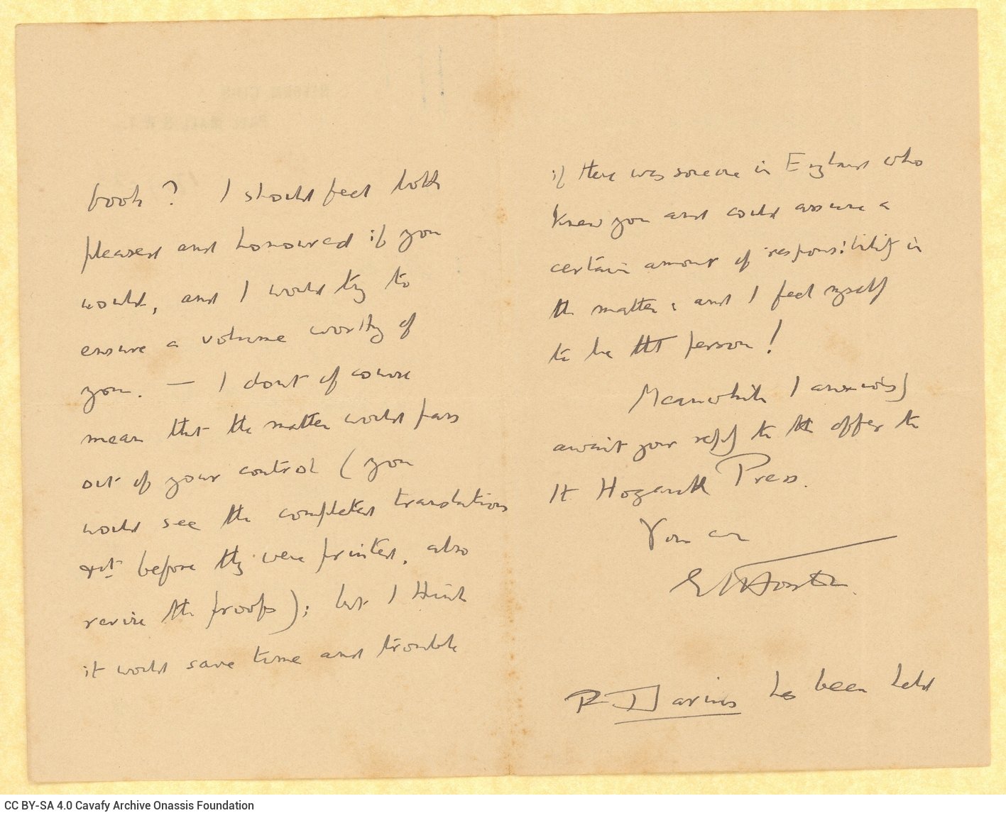 Χειρόγραφη επιστολή του Ε. Μ. Φόρστερ (E. M. Forster) προς τον Καβάφη σε τετ�