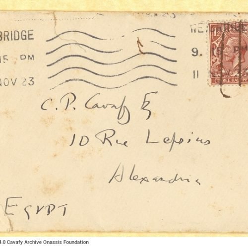 Handwritten note by E. M. Forster to Cavafy, signed "Fellow-poet". The note mentions the London Reform Club as the place of d