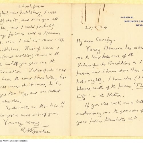 Handwritten letter by E. M. Forster to Cavafy on the first and last pages of a bifolio. He informs Cavafy that he has given E