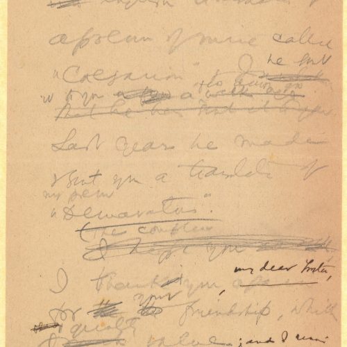 Handwritten draft letter by Cavafy to E. M. Forster regarding the translations of poems of his into English, written on both 