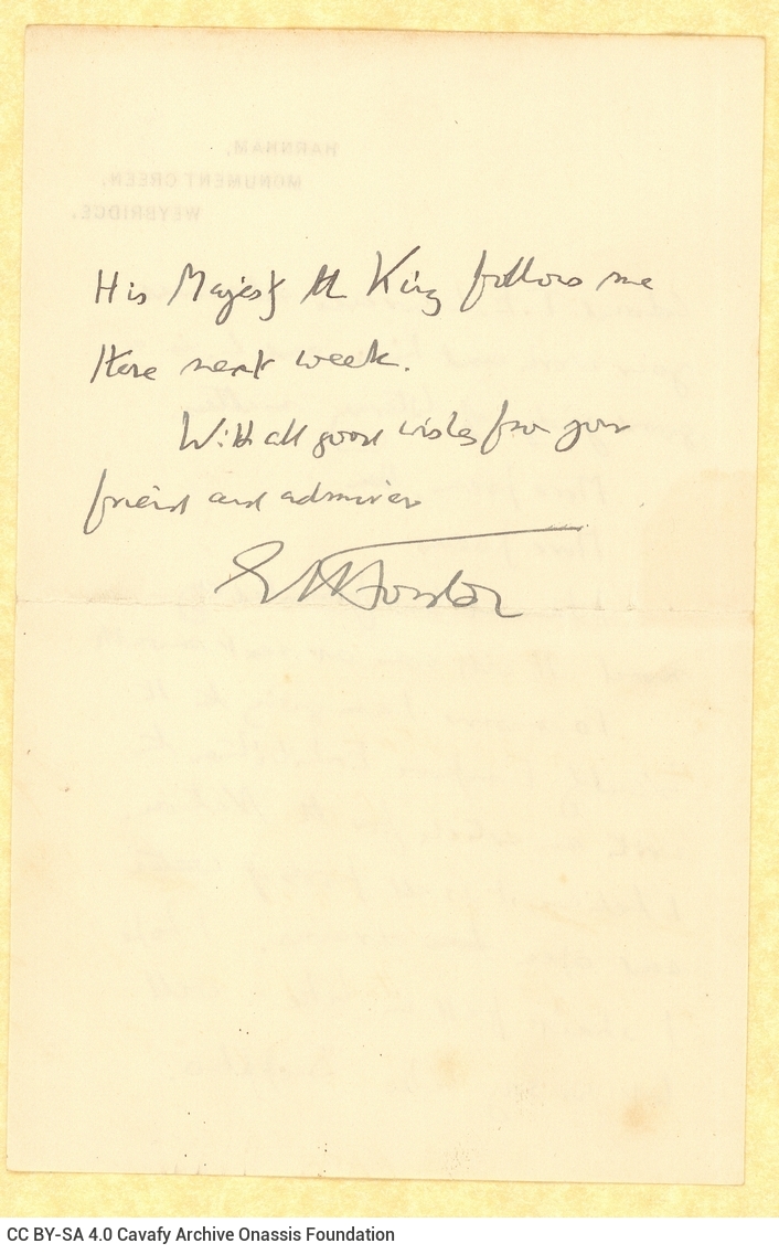 Handwritten letter by E. M. Forster on two sheets, with the printed address "Harnham, Monument Green, Weybridge". He informs 