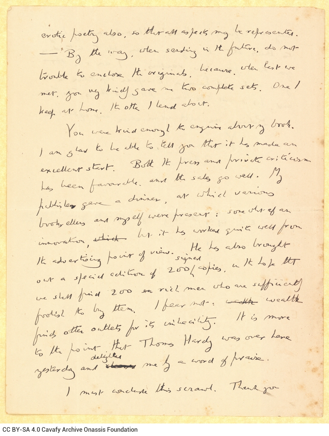 Handwritten letter by E. M. Forster to Cavafy on both pages of two sheets, regarding the English translations of poems by the