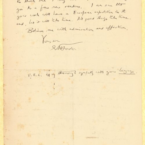 Handwritten letter by E. M. Forster to Cavafy on both pages of two sheets, regarding the English translations of poems by the