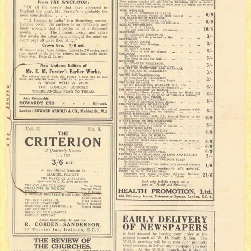 Press clipping of pages 79-80 from *The Spectator*. On page 79, an advertisement of Forster's works and of an issue of the *T