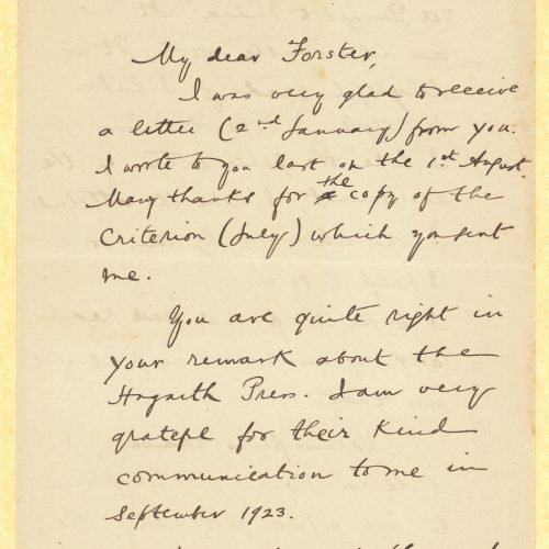 Handwritten copy of a letter by Cavafy to E. M. Forster on the first three pages of a bifolio. The last page is blank. The po
