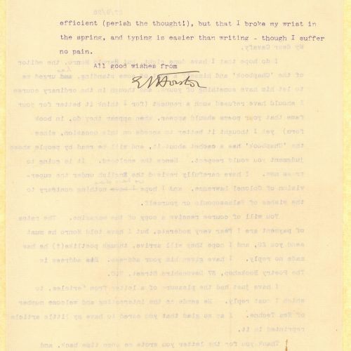 Typewritten letter by E. M. Forster to Cavafy on both sides of a sheet. Handwritten notes and signature. Reference to the pub
