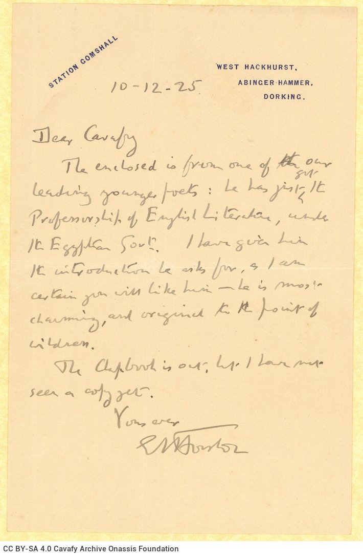 Handwritten letter by E. M. Forster to Cavafy on one side of a sheet, regarding Robert Graves. Accompanied by envelope and a 