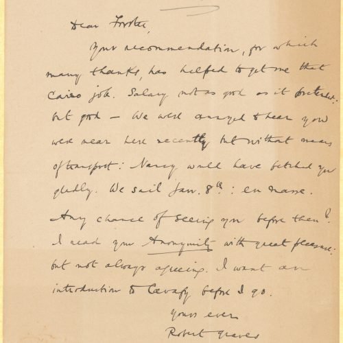 Handwritten letter by E. M. Forster to Cavafy on one side of a sheet, regarding Robert Graves. Accompanied by envelope and a 