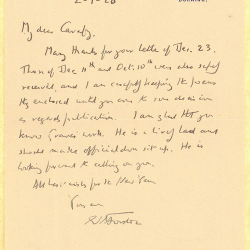 Handwritten letter by E. M. Forster to Cavafy on one side of a sheet, with reference to Robert Graves. (West Hackhurst, Abing