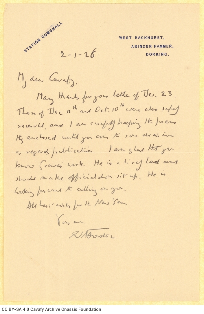 Handwritten letter by E. M. Forster to Cavafy on one side of a sheet, with reference to Robert Graves. (West Hackhurst, Abing