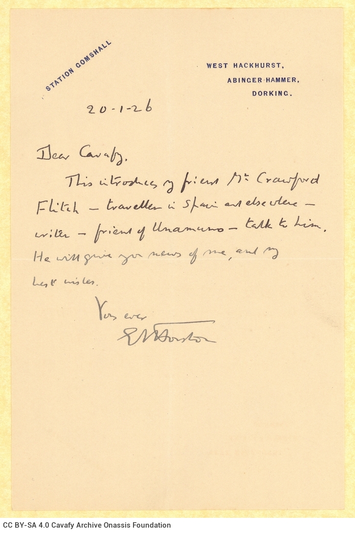 Handwritten letter by E. M. Forster to Cavafy on one side of a sheet, with reference to Crawford Flitch and Miguel de Unamuno