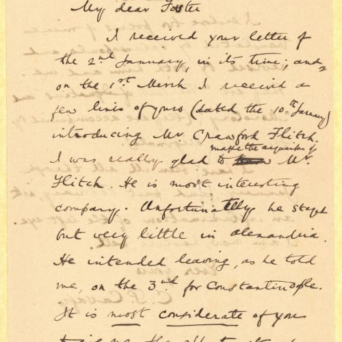 Handwritten copy of a letter by Cavafy to E. M. Forster on both sides of a sheet, with references to Crawford Flitch and Robe