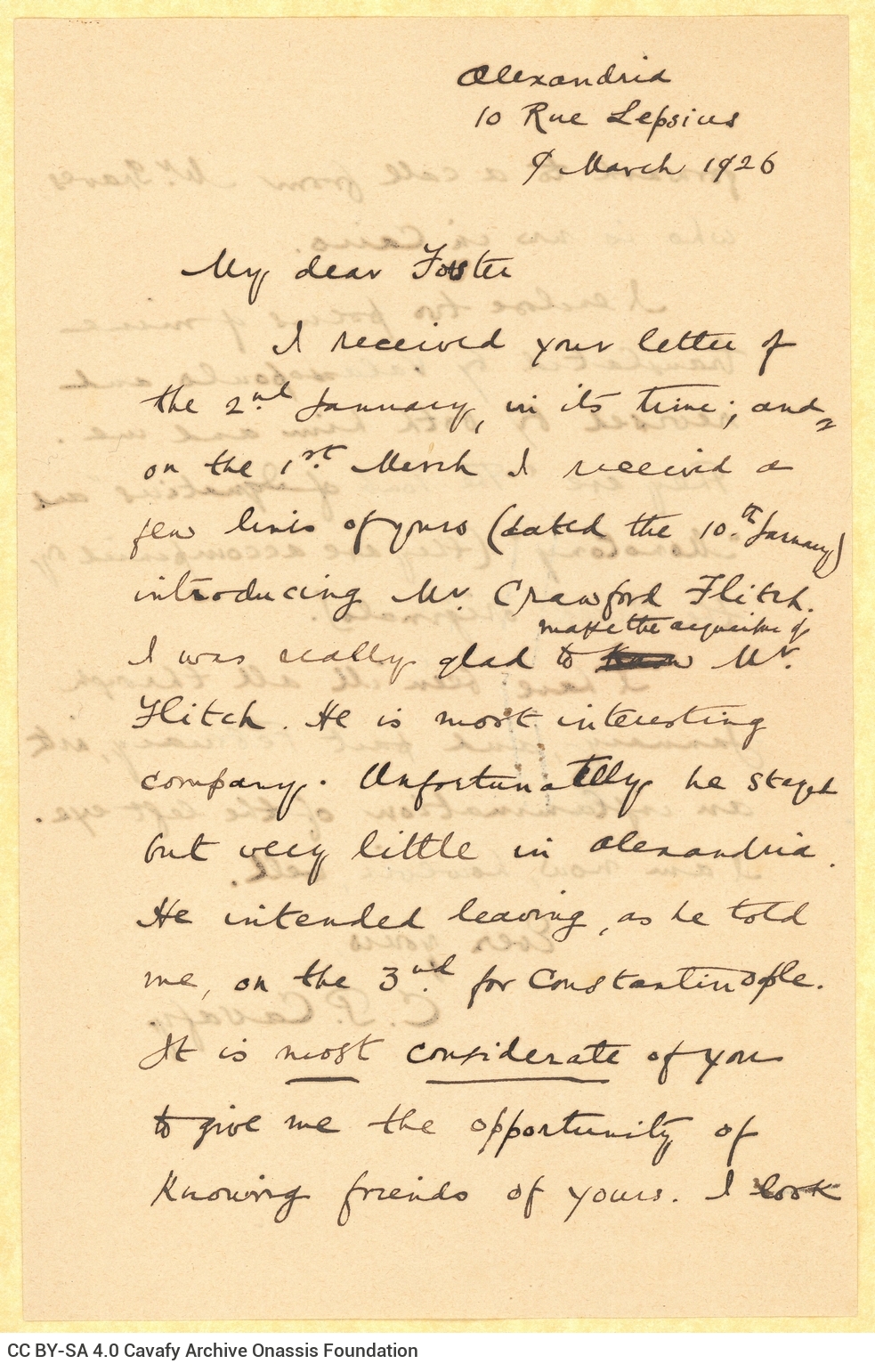 Handwritten copy of a letter by Cavafy to E. M. Forster on both sides of a sheet, with references to Crawford Flitch and Robe