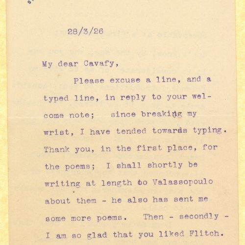 Typewritten letter by E. M. Forster to Cavafy on both sides of a sheet. The closing line and signature are handwritten. Refer