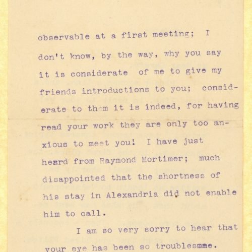 Typewritten letter by E. M. Forster to Cavafy on both sides of a sheet. The closing line and signature are handwritten. Refer