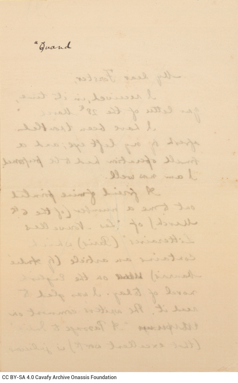 Two handwritten draft letters by Cavafy to E. M. Forster, one of which is written on both sides of a sheet; the other is writ