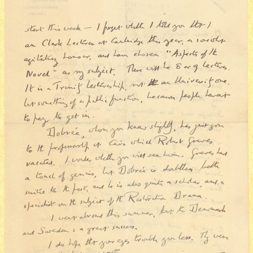 Handwritten letter by E. M. Forster to Cavafy on both sides of a sheet, with reference to Christopher Scaife and Bonamy Dobr�