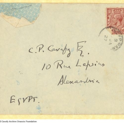 Handwritten letter by E. M. Forster to Cavafy on both sides of a sheet, with reference to Christopher Scaife and Bonamy Dobr�