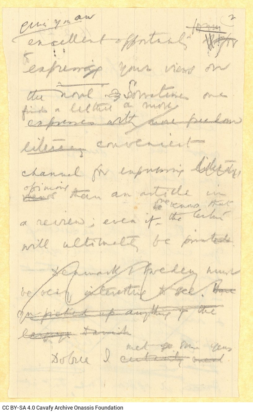 Handwritten draft letter by Cavafy to E. M. Forster on three ruled pieces of paper. References to Christopher Scaife, Robin F