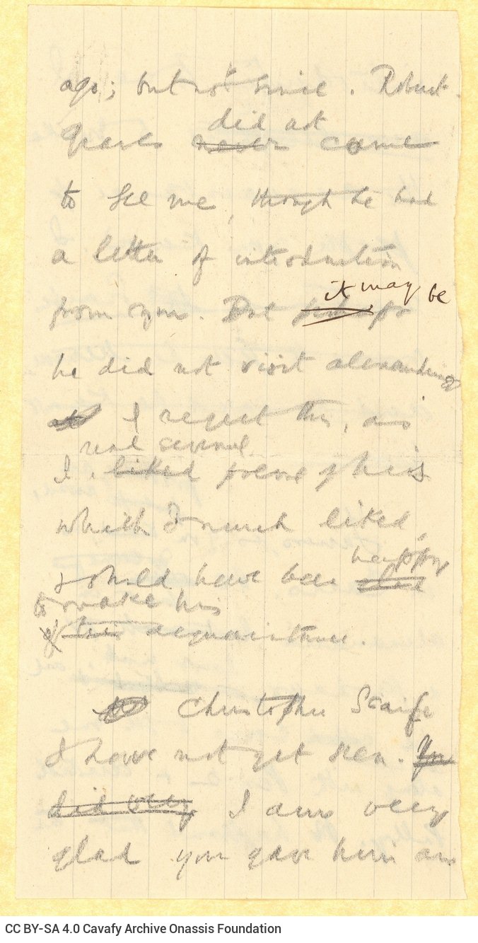Handwritten draft letter by Cavafy to E. M. Forster on three ruled pieces of paper. References to Christopher Scaife, Robin F