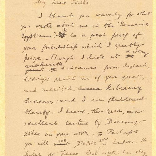 Handwritten draft letter by Cavafy to E. M. Forster on both sides of a sheet. The poet expresses his satisfaction regarding a