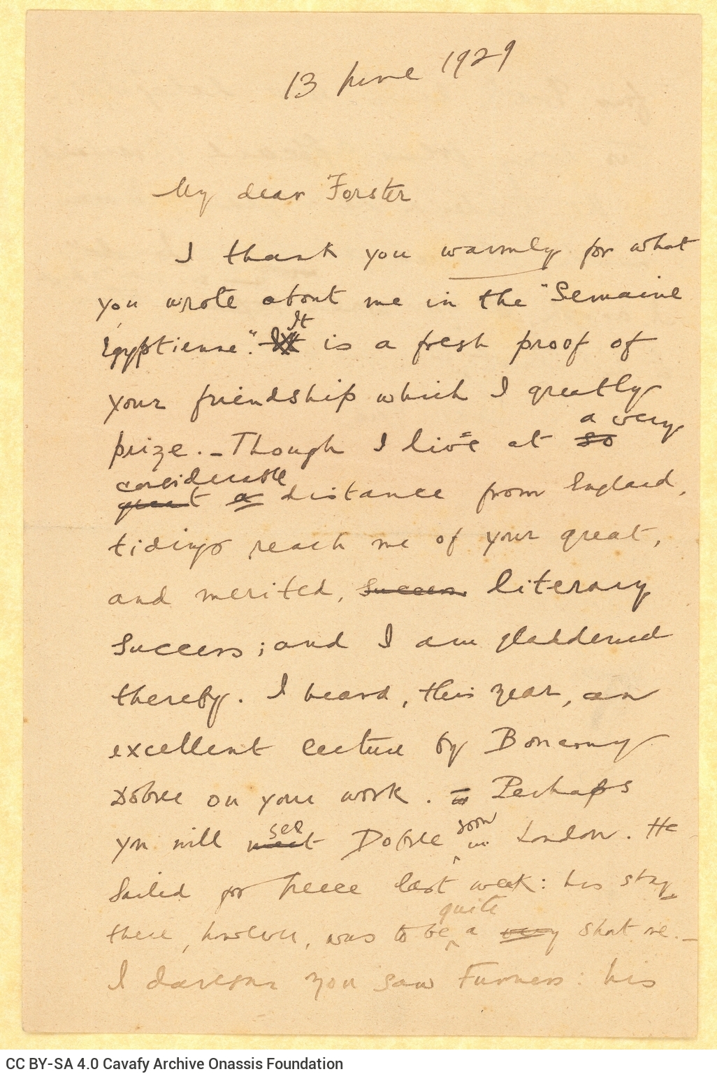 Handwritten draft letter by Cavafy to E. M. Forster on both sides of a sheet. The poet expresses his satisfaction regarding a