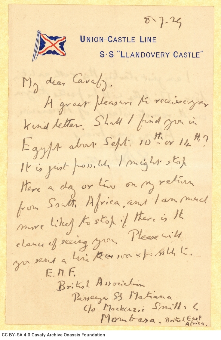 Handwritten letter by E. M. Forster to Cavafy on a letterheaded paper of the Llandovery Castle steamboat, with reference to a