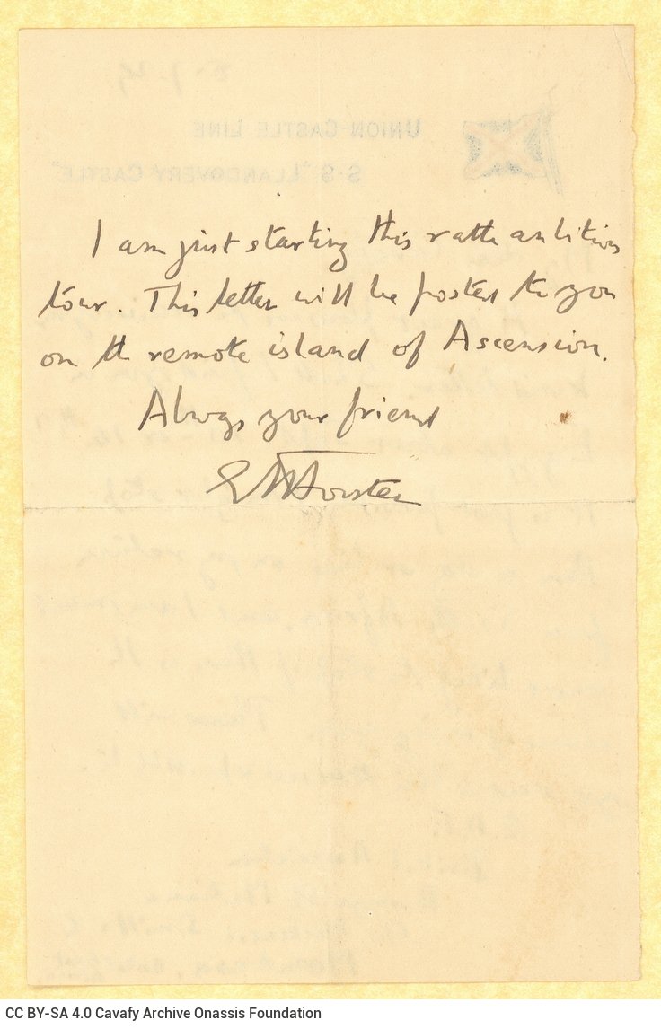 Handwritten letter by E. M. Forster to Cavafy on a letterheaded paper of the Llandovery Castle steamboat, with reference to a