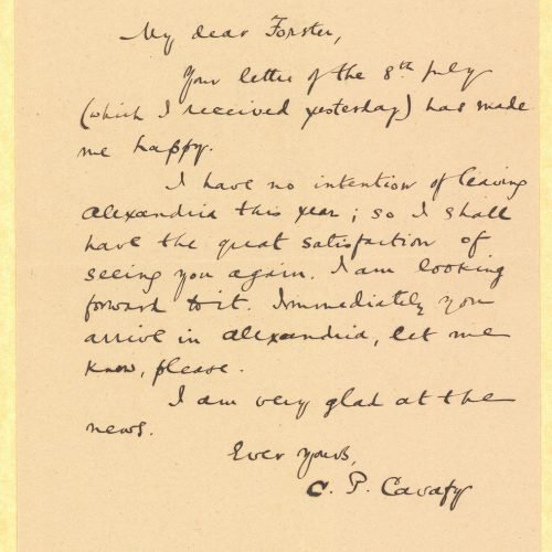 Handwritten copy of a letter by Cavafy to E. M. Forster on one side of a sheet. Cavafy expresses his satisfaction in the pros