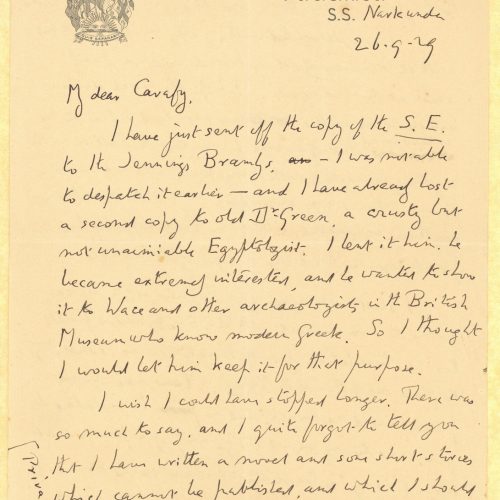 Handwritten letter by E. M. Forster to Cavafy on two letterheaded papers of the Narkunda steamboat, following the meeting of 