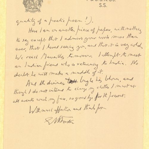 Handwritten letter by E. M. Forster to Cavafy on two letterheaded papers of the Narkunda steamboat, following the meeting of 