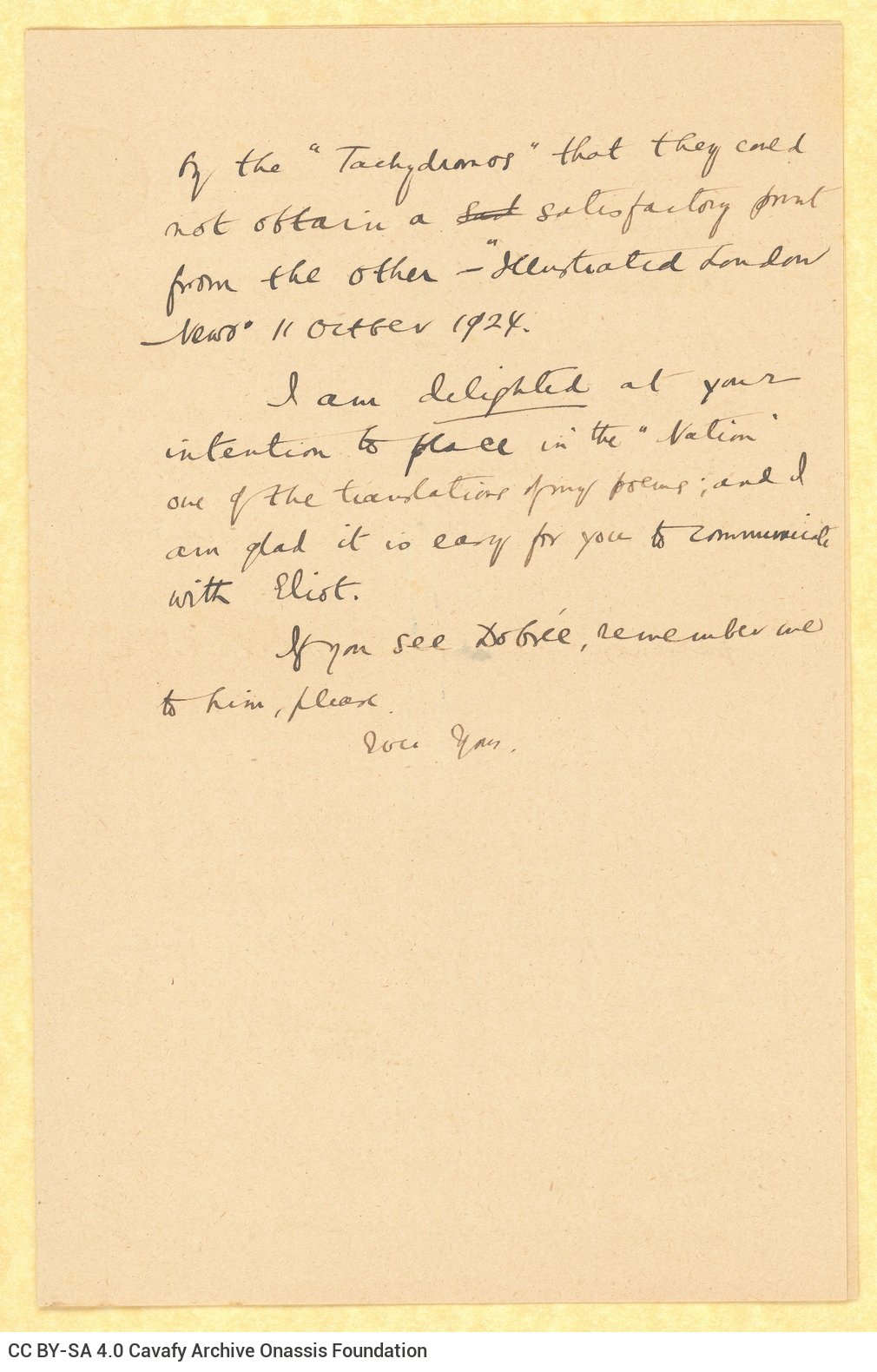 Handwritten draft letter by Cavafy to E. M. Forster on the three first pages of a bifolio, in which he details his impression