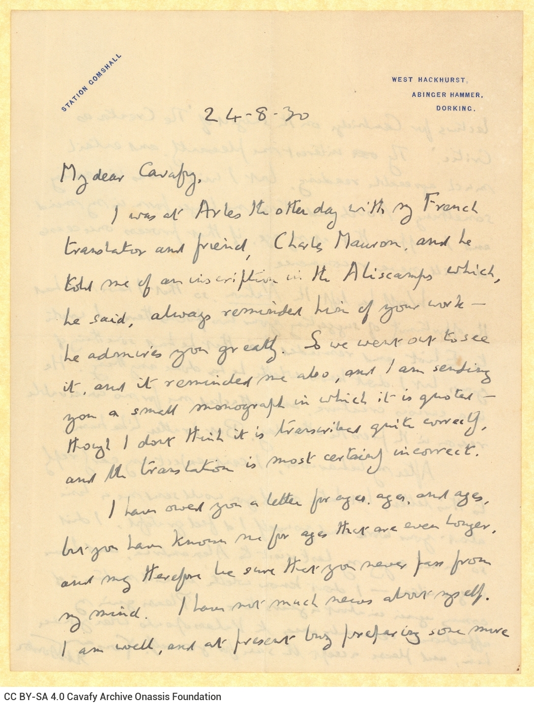 Handwritten letter by E. M. Forster to Cavafy on both sides of a sheet; professional and personal news. (Dorking). Accompanie