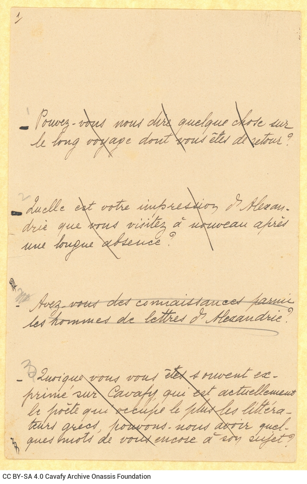 Handwritten notes on two double sheet notepapers in the form of questions to E. M. Forster; they have been written in French 