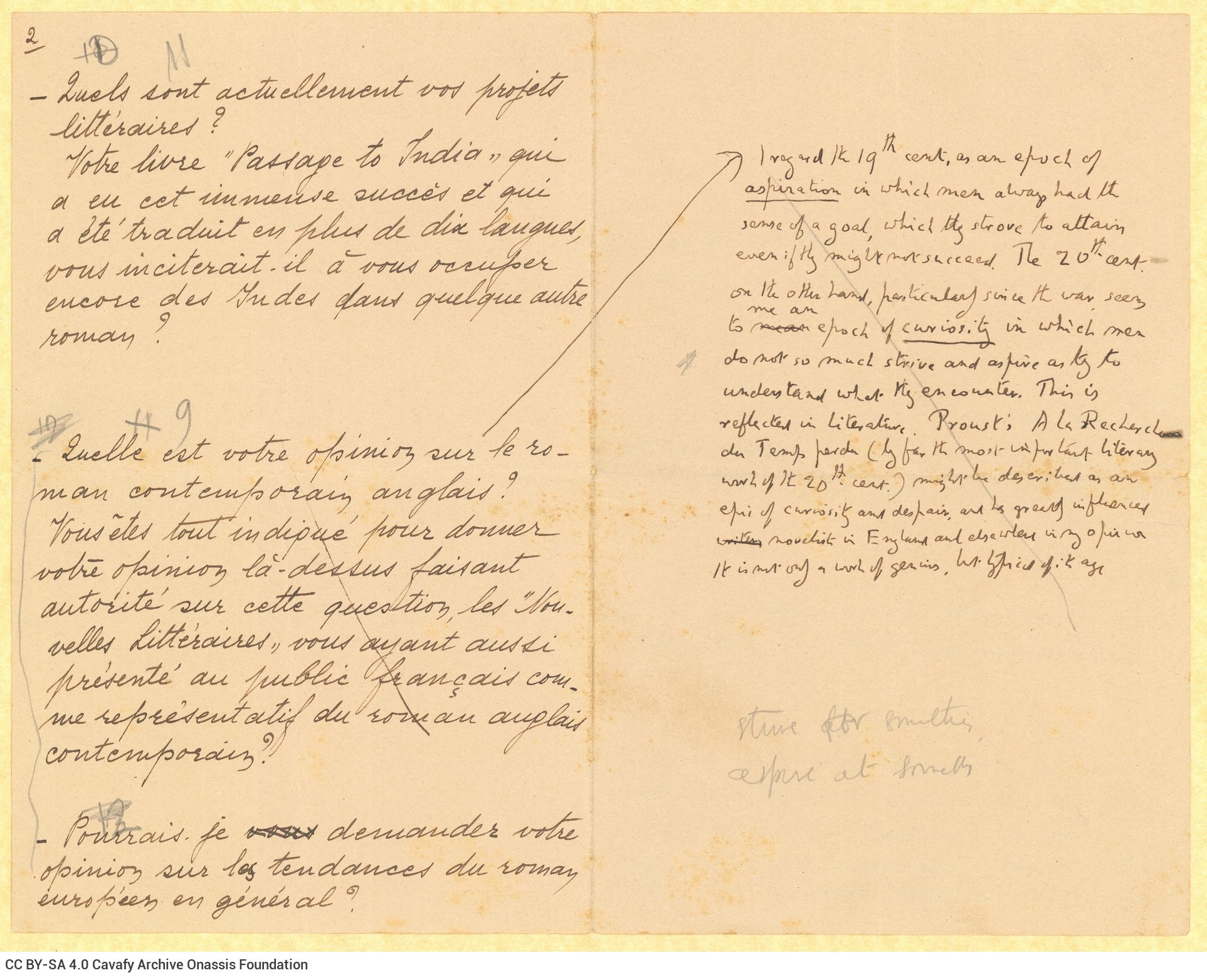 Handwritten notes on two double sheet notepapers in the form of questions to E. M. Forster; they have been written in French 