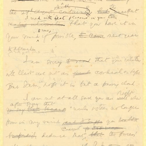 Handwritten draft letter by Cavafy to E. M. Forster on both sides of two ruled sheets. Page 3 is numbered. Comments on the la