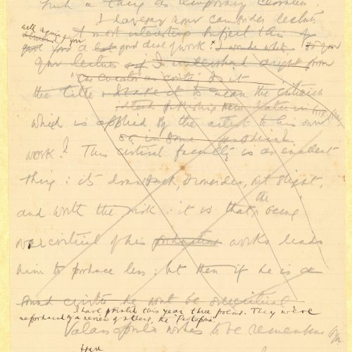 Handwritten draft letter by Cavafy to E. M. Forster on both sides of two ruled sheets. Page 3 is numbered. Comments on the la