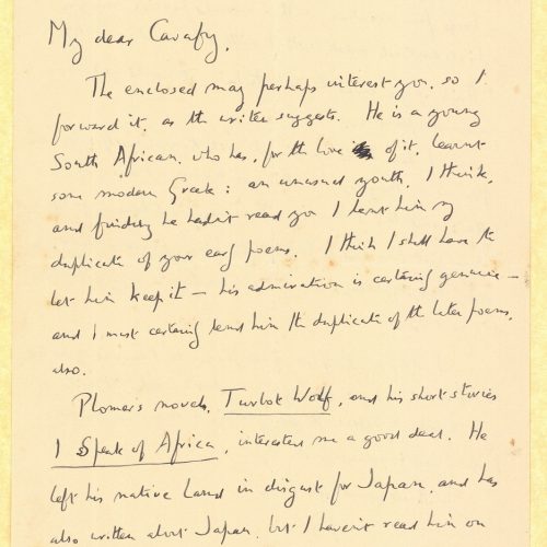 Handwritten letter by E. M. Forster to Cavafy on either side of a sheet with extensive reference to William Plomer. Accompani