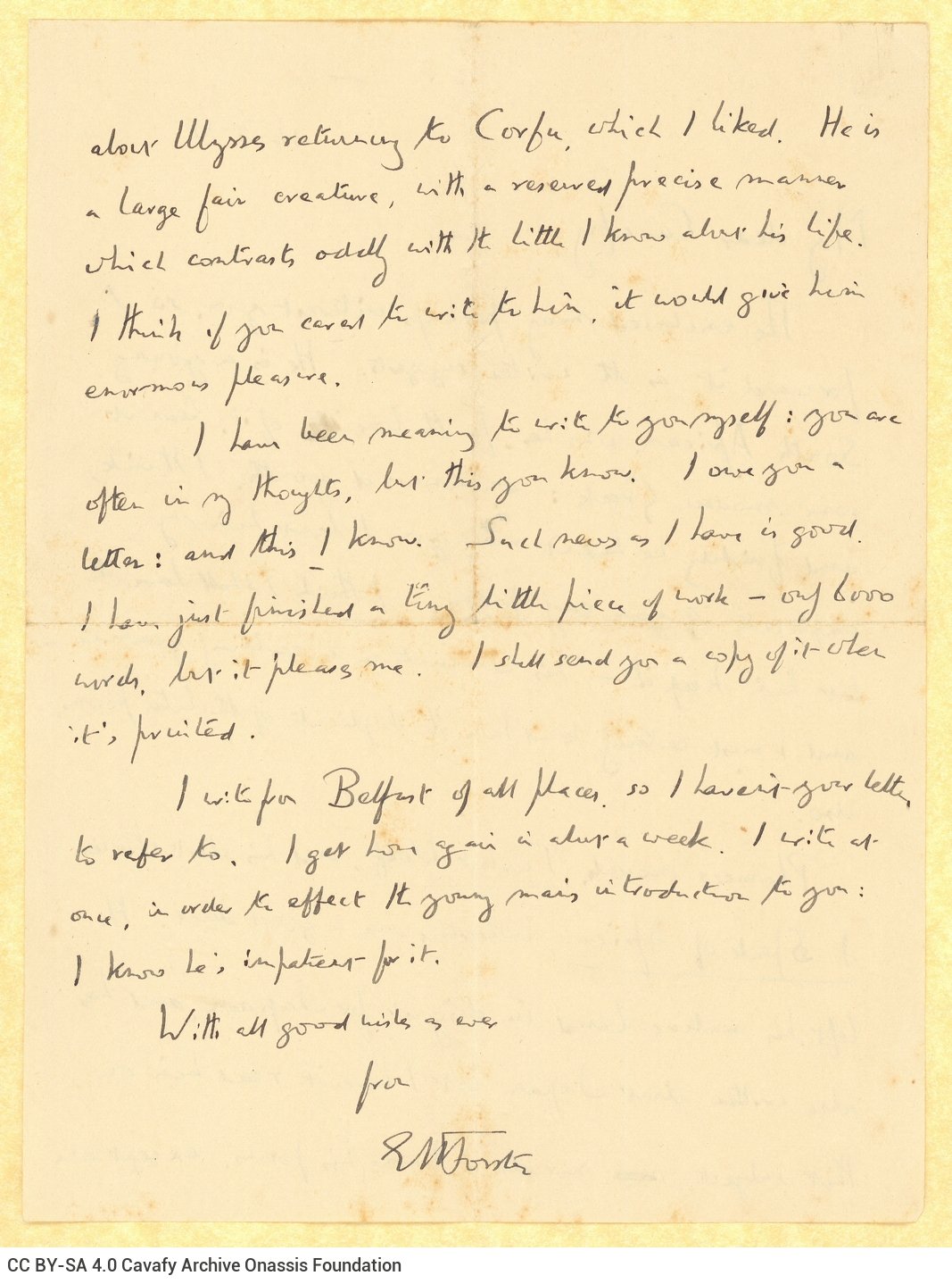 Handwritten letter by E. M. Forster to Cavafy on either side of a sheet with extensive reference to William Plomer. Accompani