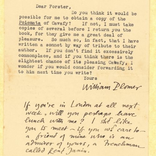 Typewritten letter by William Plomer to E. M. Forster on one side of a sheet of paper; blank verso. Handwritten note, belo