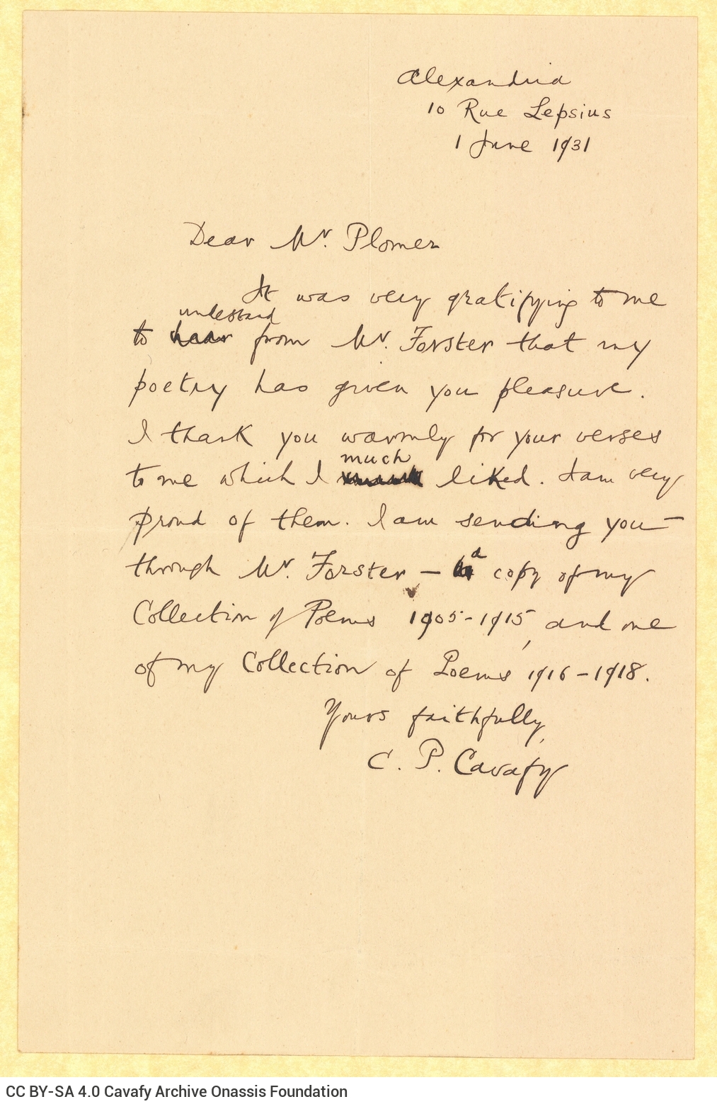 Handwritten draft letter by Cavafy to E. M. Forster on both sides of a ruled sheet. Authorial cancellations and emendations. 