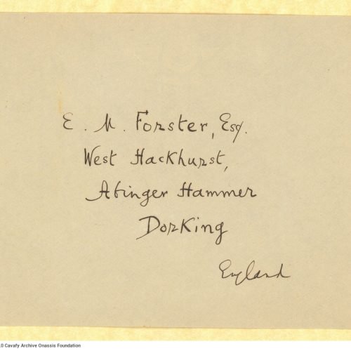 Handwritten draft letter by Cavafy to E. M. Forster on both sides of a ruled sheet. Authorial cancellations and emendations. 