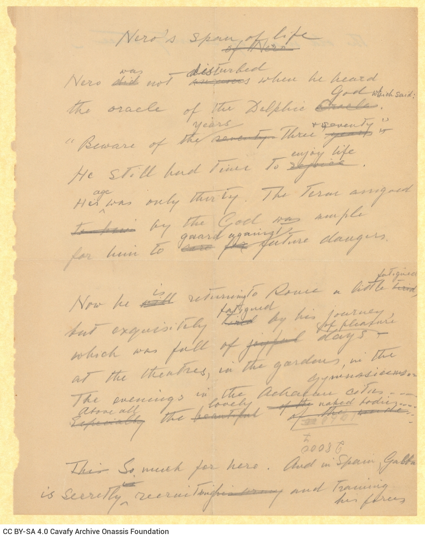 Handwritten translation into English of the poem "Nero's Deadline" on both sides of a sheet. The handwriting is not Cavafy