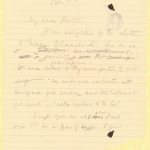 Handwritten draft letter by Cavafy to E. M. Forster on one side of a ruled sheet, in which he expresses his admiration for th