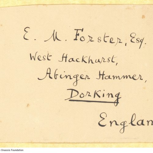 Handwritten draft letter by Cavafy to E. M. Forster on one side of a ruled sheet, in which he expresses his admiration for th