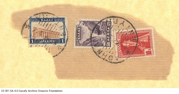 Three Greek postage stamps pasted on a piece of paper and fragment of a postcard mailed to the Cavafy family at Alexandria. H