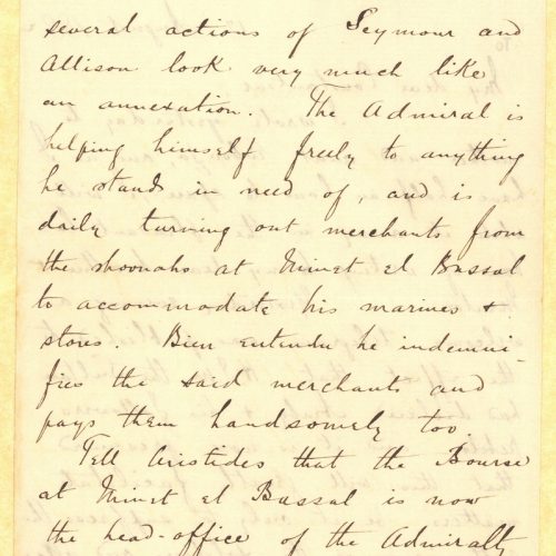 Handwritten letter by John Cavafy to C. P. Cavafy on both sides of three letterheads of R. J. Moss & Co., Alexandria. Referen