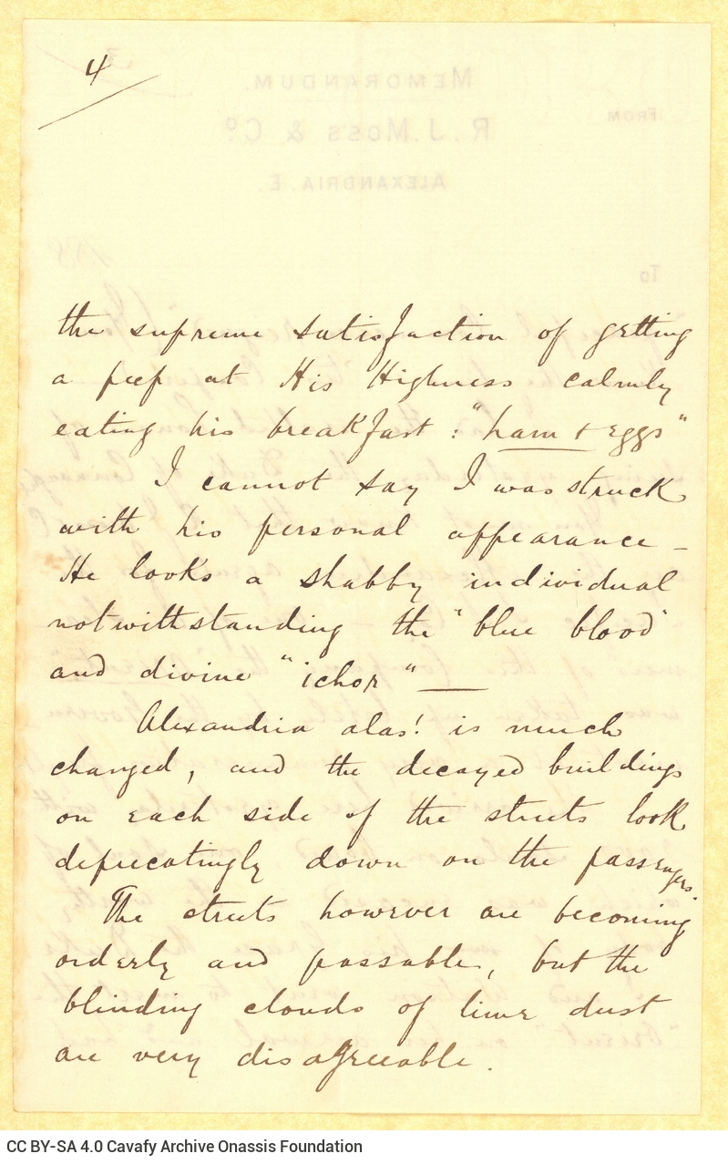 Handwritten letter by John Cavafy to C. P. Cavafy on both sides of three letterheads of R. J. Moss & Co., Alexandria. Referen