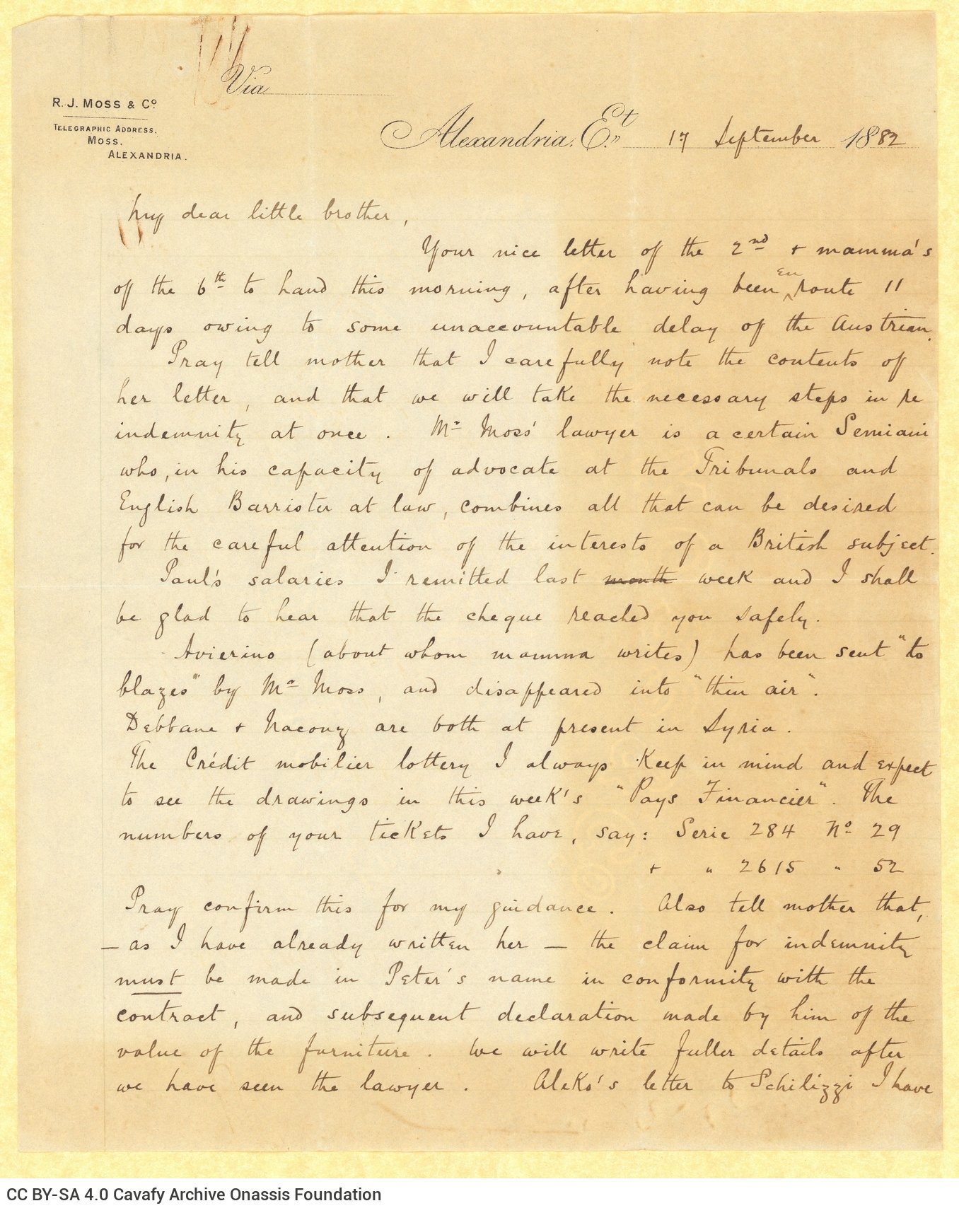 Handwritten letter by John Cavafy to C. P. Cavafy on the recto of six ruled letterheads of R. J. Moss & Co., Alexandria. Shee