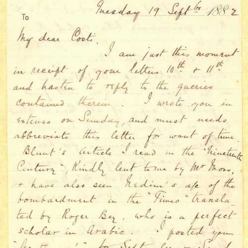 Handwritten letter by John Cavafy to C. P. Cavafy on three letterheads of R. J. Moss & Co., Alexandria. Sheets 2 and 3 are nu